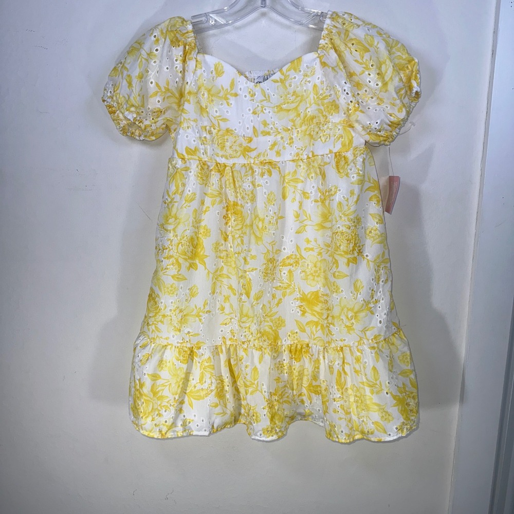 Rare Editions Girls Yellow Floral Eyelet Puff Sleeve Smocked Dress Size 10 NEW